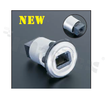 Gniazdo RJ45; żeńskie; otwór montażowy 22mm; podłączenie na wtyk RJ45 żeński; korpus srebrny; stop aluminium.