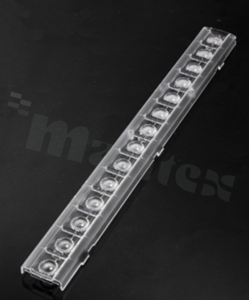 Lens for LED mid power; angle: 44 to 68 degrees FWHM; Number of LEDs: 14; Dimensions: 279x29mm; Height: 9.6mm; meterial: PMMA; Fastening: snaps