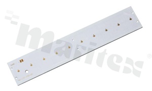 MCPCB, thermal conductivity 1.5W/(m*K), thickness: 1.6mm, number of layers - 1, white soldermask, legend color: colorless, size: rectangle 54x290mm, pad cover: gold; for XP/XT LEDs, /10