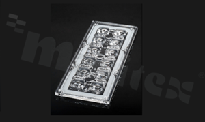 Lens for LED high power; angle: asymmetric; Number of LEDs: 12; Dimensions: 71x173mm; Height: 8.4mm; meterial: PMMA; silicone; Fastening: screw