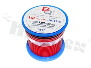 Przewód pojedynczy LGY/H05V-K; z wielodrutową miedzianą żyłą; czerwony; przekrój 1.00mm2; AWG 17; 500V; -40+105 st.C; 10m.
