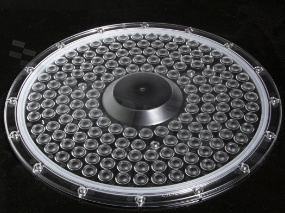 Soczewka do diod LED mid power; kąt rozsyłu: 85 do 95 stopni FWHM; ilość diod: 80; rozmiar: okrąg 300mm; wysokość: 18.1mm; rodzaj materiału: PMMA; silikon; sposób mocowania: śruby