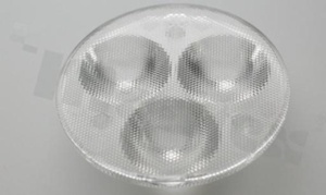 Lens for LED high power; angle: 46 to 59 degrees FWHM; Number of LEDs: 3; Dimensions: round 50mm; Height: 14.5mm; meterial: PMMA; Fastening: glue; pin