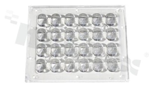 Soczewka do diod LED high power; kąt rozsyłu: owalny 75 x 135 stopni FWHM; ilość diod: 24; rozmiar: 117x97mm; wysokość: 10.2mm; rodzaj materiału: PMMA; PC; sposób mocowania: klej