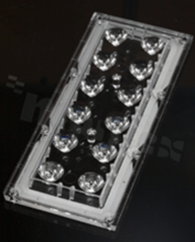 Lens for LED high power; mid power; angle: 8 to 26 degrees FWHM; Number of LEDs: 12; Dimensions: 173x71mm; Height: 11.4mm; meterial: PMMA; silicone; Fastening: pin; screw