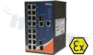 Switch przemysłowy zarządzalny z certyfikacją ATEX; 16 portów 10/100Base-T(X) RJ45; 2 porty Gigabit combo SFP; temp. pracy: -40+70 st.C; zasilanie redundantne 12...48VDC; montaż na szynie DIN