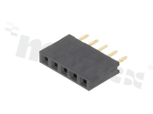 Listwa stykowa do PCB; w rastrze 2.54 mm; 1x5 styków; montaż: THT; żeńska; prosta; jednorzędowe