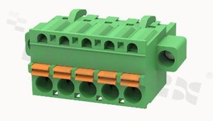Listwa zaciskowa rozłączalna; w rastrze 5.08mm; 5-torowa; żeńska; na przewód 2.50mm2 (26-12AWG); kierunek wtykania równoległy do osi przewodów; z zaciskiem sprężynowym; z zaczepem śrubowym; styki z fosforobrązu; stalowa klatka; UL 300/10A TUV 320/20A