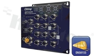 Switch przemysłowy kolejowy PoE; zarządzalny; norma kolejowa EN50155; 8 portów 10/100Base-T(X) PoE; 2 porty 10/100/1000Base-T(X); 1x Bypass; złącza M12; temp. pracy: -40+70 st.C; zasilanie redundantne 12...57VDC