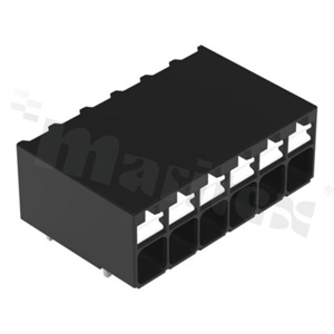 Listwa zaciskowa do PCB; w rastrze 3.50mm; 6-torowa; poziome wejście przewodu; na przewód 0.14-1.50mm2 (28-16AWG); ze stykiem sprężynowym; czarna; 300V/14A