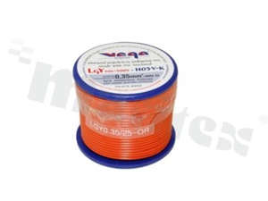 Przewód pojedynczy LGY/H05V-K; z wielodrutową miedzianą żyłą; pomarańczowy; przekrój 0.35mm2; AWG 22; 500V; -40+105 st.C; 25m.