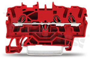Installation terminal block; 1-level; through; 3-contacts for wire 0.25-4.0mm2 (22-12AWG); spring-loaded; red; for DIN rail; 800V/24A