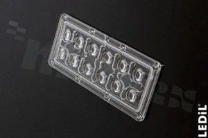 Lens for LED COB; angle: 60 to 62 degrees FWHM; Number of LEDs: 12; Dimensions: 172x71mm; Height: 8.2mm; meterial: PC; silicone; Fastening: pin; screw