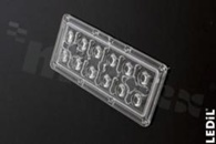 Soczewka do diod LED COB; kąt rozsyłu: 60 do 62 stopni FWHM; ilość diod: 12; rozmiar: 172x71mm; wysokość: 8.2mm; rodzaj materiału: PC; silikon; sposób mocowania: kołek; śruby