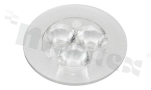 Soczewka do diod LED high power; kąt rozsyłu: 36 stopni FWHM; ilość diod: 3; rozmiar: okrąg 35mm; wysokość: 10.7mm; rodzaj materiału: PMMA; sposób mocowania: klej; ramka