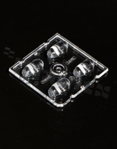Lens for LED high power; angle: asymmetric; Number of LEDs: 4; Dimensions: 50x50mm; Height: 6.5mm; meterial: PMMA; Fastening: screw
