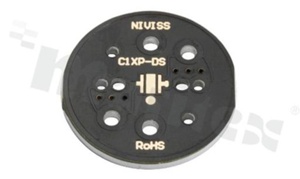 MCPCB, thermal conductivity 1.5W/(m*K), thickness: 1.6mm, number of layers - 1, black soldermask, legend color: gold, size: diameter 27.8mm, pad cover: gold; for XP/XT LEDs, /10