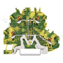 Installation terminal block; 2-level; PE/through; with buttons; 4-contacts for wire 0.14-1.5mm2 (24-16AWG); spring-loaded;yellow-green; for DIN rail;