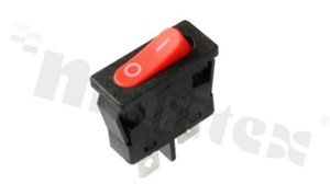 Minature Rocker Switch; 1-pole; 2 positions; 21x6.6mm; pin terminals; red button; 6A/250V