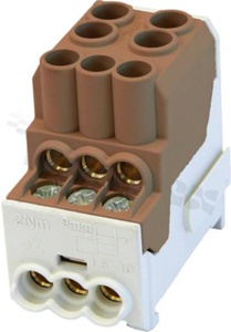 Złączka na szyne DIN; blok rozdzielczy dystrybucyjny;brązowy; jednobiegunowy; 25mm2; Al/Cu;1000V AC/100A