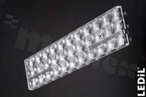 Lens for LED high power; mid power; angle: 43 to 70 degrees FWHM; Number of LEDs: 33; Dimensions: 286x61mm; Height: 8.5mm; meterial: PMMA; Fastening: screw