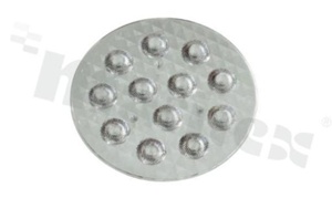 Lens for LED high power; angle: 45 degrees ; Number of LEDs: 12; Dimensions: round 122mm; Height: 13.5mm; material: PMMA; Fastening: glue