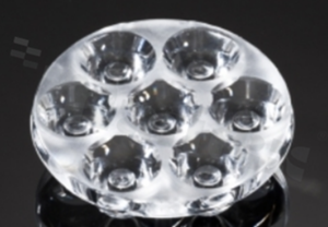 Lens for LED high power; mid power; angle: 8 to 19 degrees FWHM; Number of LEDs: 7; Dimensions: round 40mm; Height: 10.7mm; meterial: PMMA; Fastening: glue; pin