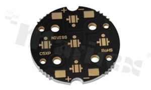 MCPCB, thermal conductivity 2W/(m*K), thickness: 2mm, number of layers - 1, black soldermask, legend color: gold, size: diameter 36mm, pad cover: gold; for XP leds, /20
