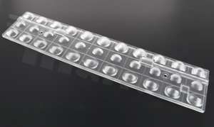 Lens for LED high power; angle: asymmetric; Number of LEDs: 33; Dimensions: 286x61mm; Height: 11mm; meterial: PMMA; Fastening: screw