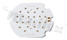 MCPCB, thermal conductivity 2W/(m*K), thickness: 1.6mm, number of layers - 1, copper layer thickness 35um, white soldermask, legend color: gold, size: diameter 108mm, pad cover: gold; for XP/XT LEDs, /24