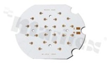 MCPCB, thermal conductivity 2W/(m*K), thickness: 1.6mm, number of layers - 1, copper layer thickness 35um, white soldermask, legend color: gold, size: diameter 108mm, pad cover: gold; for XP/XT LEDs, /24