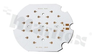 MCPCB, thermal conductivity 2W/(m*K), thickness: 1.6mm, number of layers - 1, copper layer thickness 35um, white soldermask, legend color: gold, size: diameter 108mm, pad cover: gold; for XP/XT LEDs, /24