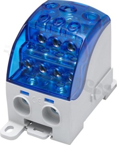 Złączka na szyne DIN; blok rozdzielczy uniwersalny;niebieski; jednobiegunowy; 120mm2; Al/Cu;1000V AC; 1500 DC / 400A