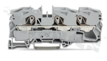 Installation terminal block; 1-level; through; 3-contacts for wire 0.5-16.0mm2 (20-6AWG); spring-loaded; grey; for DIN rail; 600V/85A