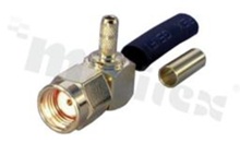 Female crimp SMA plug; reverse; R/A; 50 Ohm; for RG174; RG188; RG316 cable; RoHS