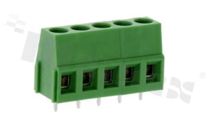 Listwa zaciskowa do PCB; w rastrze 5.00mm; 5-torowa; pionowa; na przewód 2.50mm2 (AWG 24-12); ze śrubami na wkrętak płaski; klatka mosiężna; zielona; UL 300V/15A, TUV 250V/18A