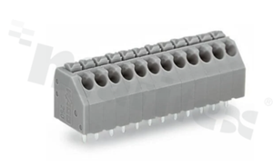 Listwa zaciskowa do PCB; w rastrze 3.50mm; 3-torowa; skośne wejście przewodu; na przewód 0.20-1.50mm2 (24-16 AWG); ze stykiem sprężynowym; szara; UL: 300V/5A