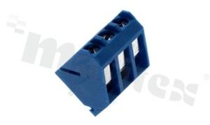 PCB terminal block; pitch 5.0mm; 3-ways; 45 deg angle; wire range 2.5mm2 (AWG 12-26); rising clamp type; brass cage; blue color; UL 300V/15A, TUV 250V/15A
