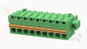 Pluggable terminal block; 5.08mm pitch; 9-ways; female; for wire 2.50mm2 (26-12AWG); wire insertion direction same as plug-in direction; with fixing screw; p.bronze contacts; spring clamp; brass cage; UL 300/10A TUV 320/20A