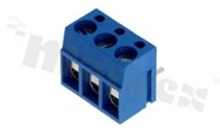 PCB terminal block; pitch 5.00mm; 3-ways; R/A; wire range 2.5mm2 (AWG 22-14); with screws for a flat screwdriver; brass cage; blue color; UL 300V/10A, TUV 250V/24A