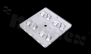 Lens for LED high power; angle: oval 105 x 145 degrees ; Number of LEDs: 4; Dimensions: 50x50mm; Height: 6.66mm; material: PMMA; Fastening: screw