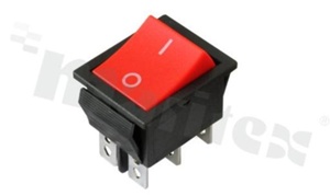 Rocker Switch; 2-pole; 2 positions; 29.6x21.3mm; pin terminals; red button; 16A/250V