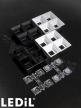 Lens for LED high power; mid power; angle: 60 to 66 degrees FWHM; Number of LEDs: 4; Dimensions: 80x80mm; Height: 21mm; meterial: PMMA; Fastening: pin; screw; clips