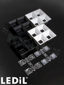 Lens for LED high power; mid power; angle: 60 to 66 degrees FWHM; Number of LEDs: 4; Dimensions: 80x80mm; Height: 21mm; meterial: PMMA; Fastening: pin; screw; clips