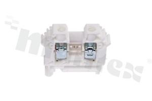 Złączka szynowa; 1-poziomowa; 2-zaciskowa na przewód 0,5-10,0mm2; zacisk śrubowy; biała; na szyne DIN; 1000V/57A