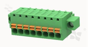 Listwa zaciskowa rozłączalna; w rastrze  3.81mm; 8-torowa; żeńska; na przewód 1.50mm2 (28-16AWG); kierunek wtykania równoległy do osi przewodów; z zaciskiem sprężynowym;  z zaczepem śrubowym; styki z fosforobrązu; stalowa klatka; UL 300/8A TUV 250/12A