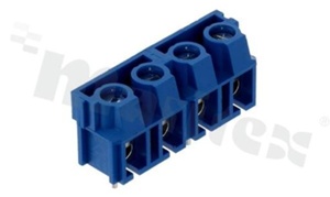 Listwa zaciskowa do PCB; w rastrze 7.50mm; 4-torowa; pionowa; na przewód 2.50mm2 (AWG 22-14); ze śrubami na wkręt płaski; klatka mosiężna; niebieska; UL 300V/15A, TUV 450V/24A