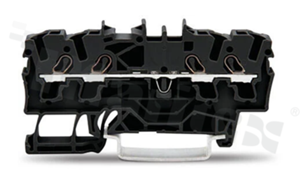 Installation terminal block; 1-level; through; 4-contacts for wire 0.25-4.0mm2 (22-12AWG); spring-loaded; black; for DIN rail; 600V/20A