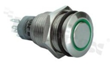 Push button switch; monostable; 16mm; solder terminals; stainless steel; ring green illumination; IP67