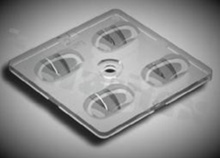 Lens for LED high power; angle: oval 150 x 160 degrees ; Number of LEDs: 4; Dimensions: 50x50mm; Height: 7.43mm; material: PMMA; Fastening: screw